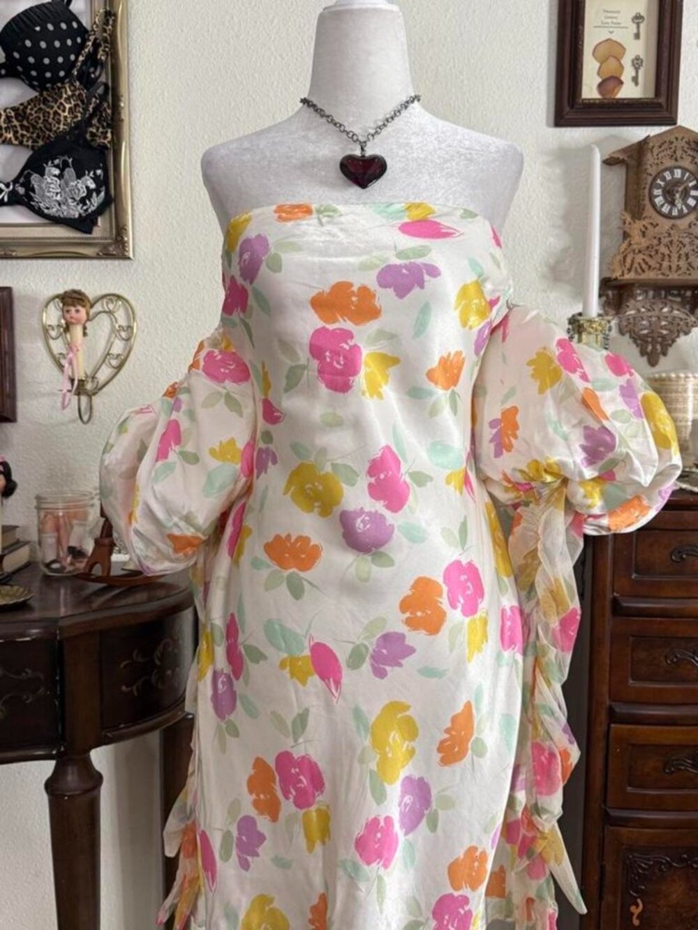 Like-new floral satin eclectic off the shoulder mini dress with low scoop back a
